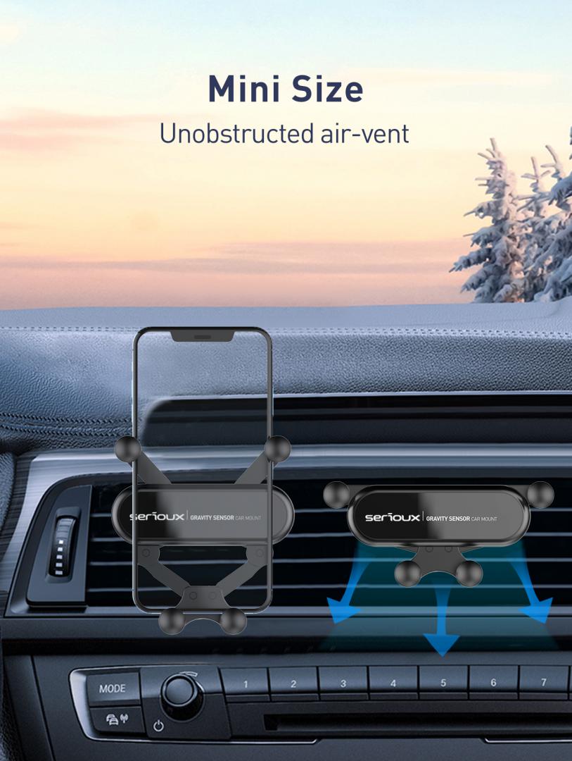Suport auto telefon Gravity Serioux CH04, Material: ABS, Mod de instalare: tip cataramă, poziție fixă: aerisire, culoare: negru, potrivit pentru: telefon mobil