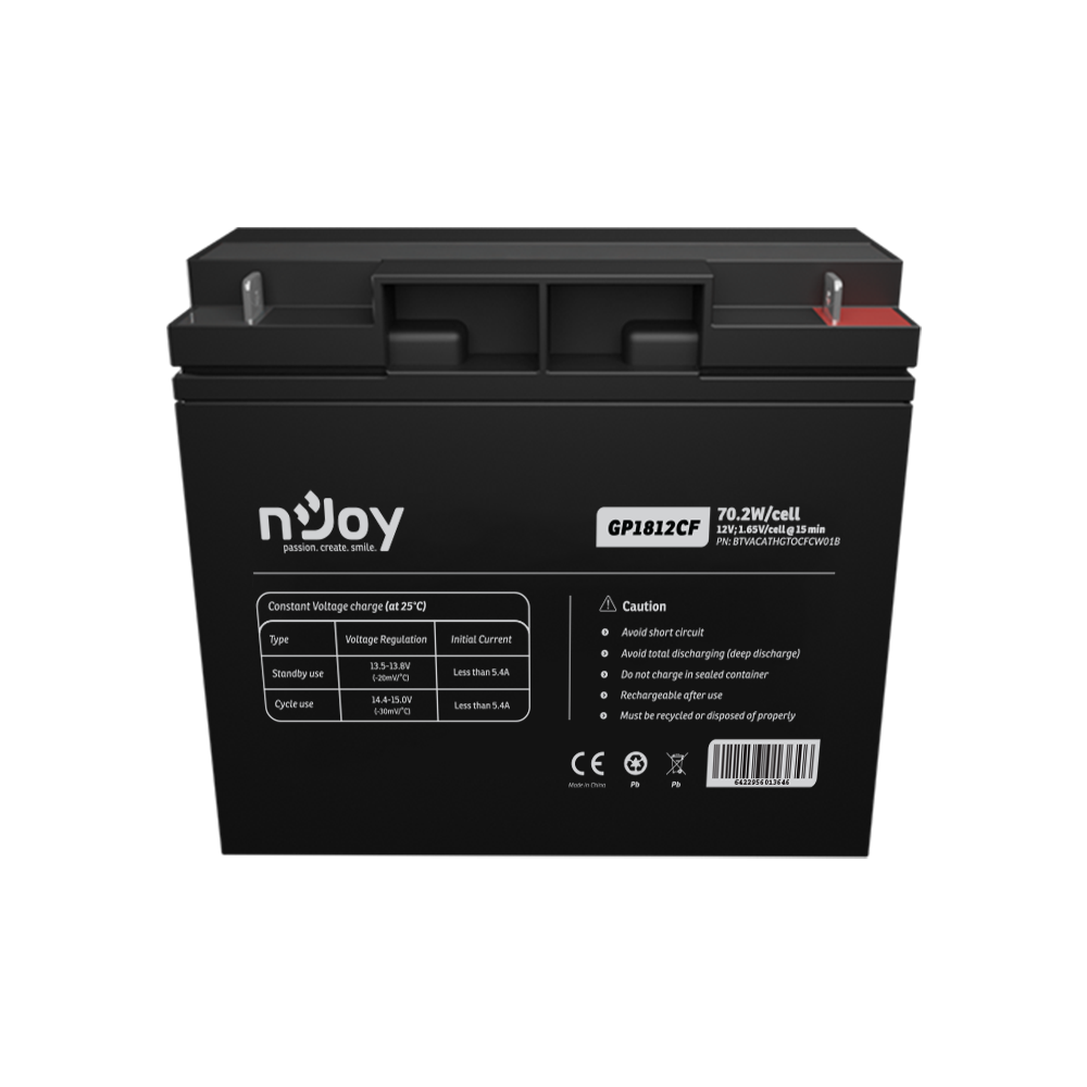 Acumulator NJOY GP1812CF 12V 181x77x167mm, Cycle use 14.4V- 15.0V max. current 5.4A, Float use 13.5V- 13.8V, Terminal T3 (M5), Power 70.2W/ cell