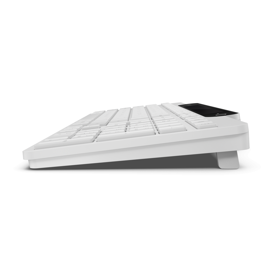 Tastatura Lenovo 800 Self-Charging Bluetooth; reincarcabila cu ajutorul luminii ambientale, fara spatiu destinat bateriilor clasice; layout: US; conectivitate: BT 5.1, se poate conecta la 3 dispozitive; greutate: 635g; compatibil cu Windows 10, Windows 11; culoare: alb