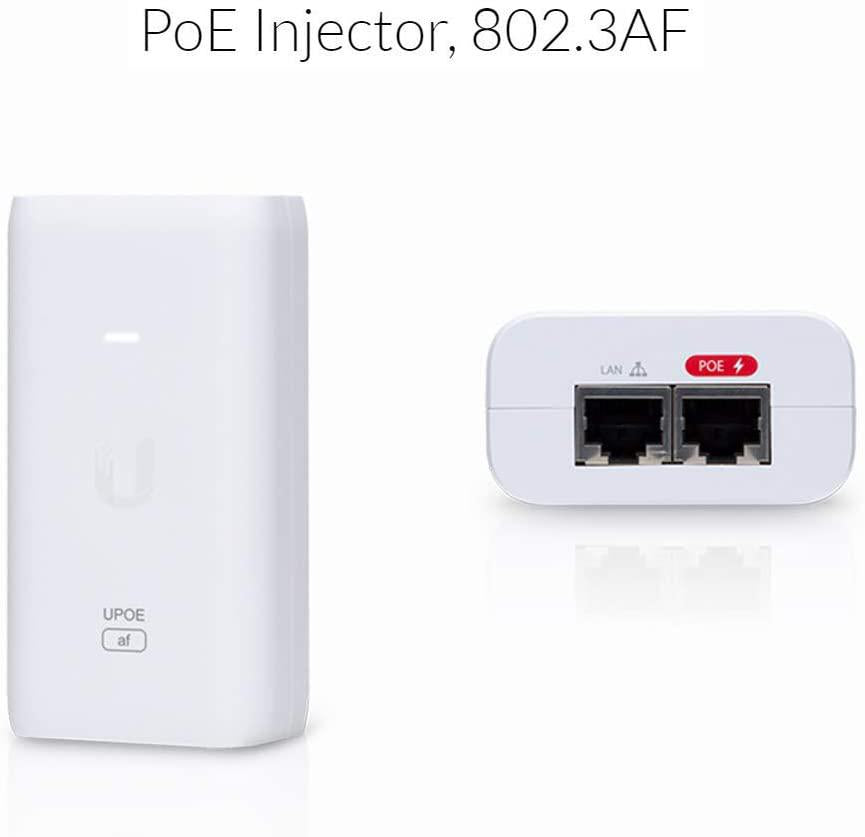 Ubiquiti POE External Injector, U-POE-AF, Output Voltage 48VDC @ 0.32A, Rated Voltage: 100-240VAC @ 50/60Hz, Efficiency 84.25%, Delivers up to 50W of PoE.