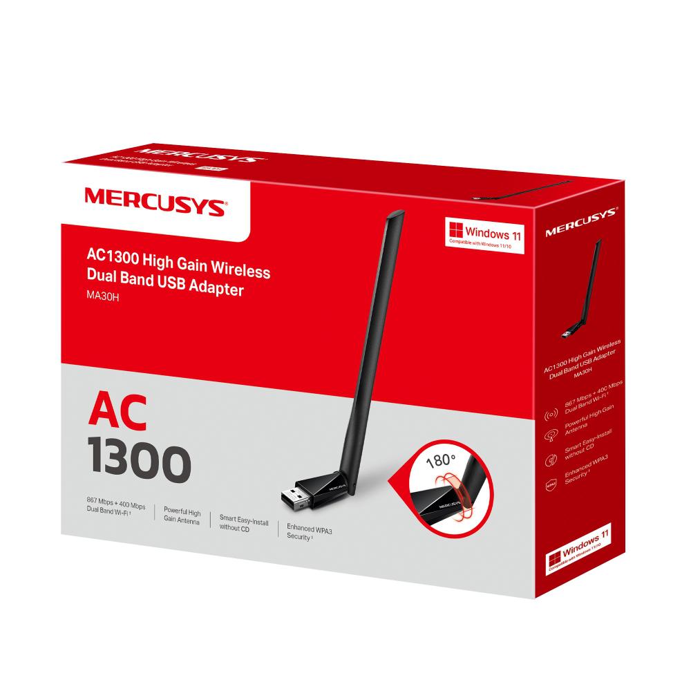 Adaptor Mercusys USB Dual Band High Gain AC1300, Standarde Wireless: IEEE 802.11 a/n/ac 5 GHz, IEEE 802.11 b/g/n 2.4 GH, Rata semnal: 5 GHz 867 Mbps, 2.4 GHz 400 Mbps, Interfata: USB 2.0, 1 antenă externă High Gain 5dBi.