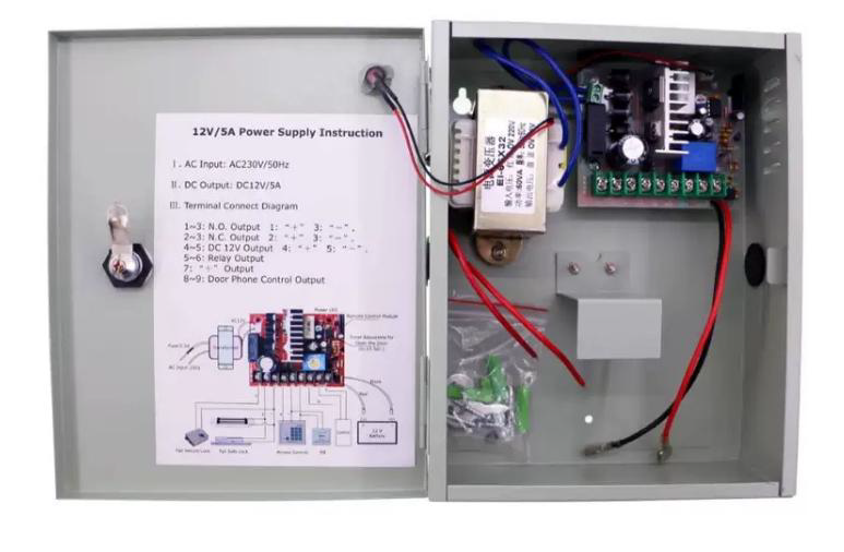SURSA ALIMENTARE 5A CARCASA METAL Input voltage: 220V AC~240V AC; 50~60Hz Output voltage: 11V DC-14V DC 5A Output contact: locking, access control, exit button Backup battery: Support 12V/7AH (not included)