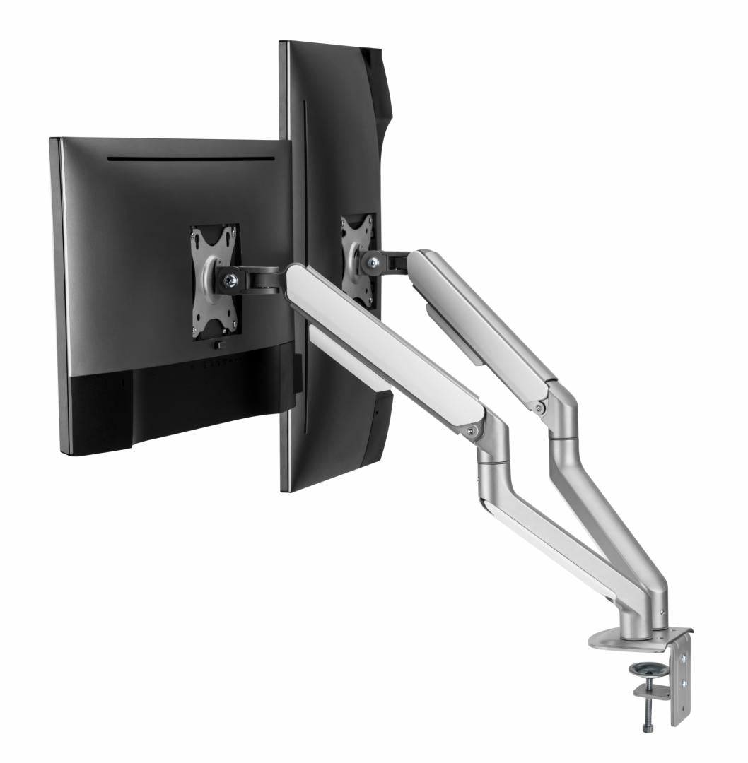 Suport 2 monitoare Serioux MM63-C024, arc cu gaz, compatibilitate dimensiune ecran 17"-32", greutate maximă suportata: (per ecran): 2~ 9kg, VESA: 75x75, 100x100, inclinare: +55°~-55°, pivotare: +90°~-90°, rotația ecranului: +180°~-180°