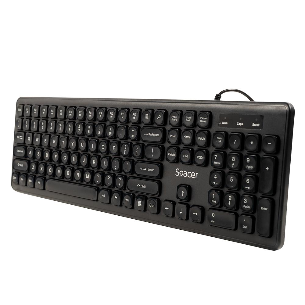 Tastatura Spacer cu fir USB, 104 taste, silentioasa, low profile fingertip keycap design, negru