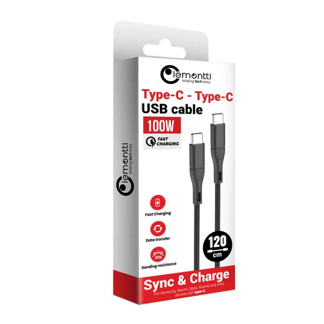 Cablu Lemontti Super Fast Charge Type-C la Type-C, PD 100W, putere: 100W:5V/3A、9V/3A、12V/3A、15V/3A、20V/5A, lungime 1.2m, cablu