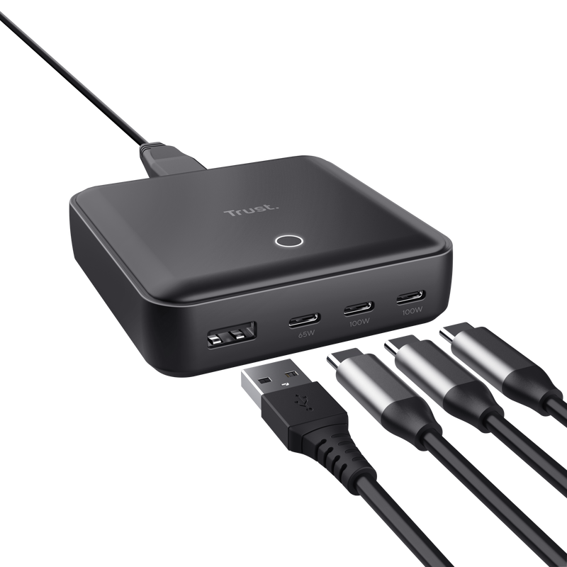 Statie de incarcare Trust, 4 porturi: 1 x USB-A & 3 x USB-C, putere maxima 100W, compatibil cu laptop, tableta, smartphone, accessorii, negru