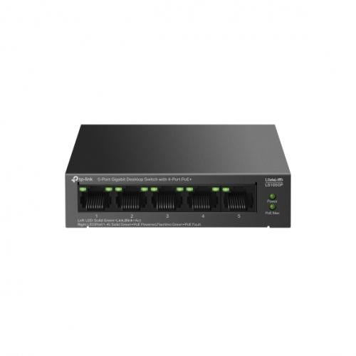 "5-Port Gigabit Desktop Switch with 4-Port PoE+ PORT: 4× Gigabit PoE+ Ports, 1× Gigabit Non-PoE Port SPEC: 802.3af/at, 65 W PoE Power, Desktop Steel Case FEATURE: Extend Mode for 250m PoE Transmitting, PoE Auto Recovery, Plug and Play"