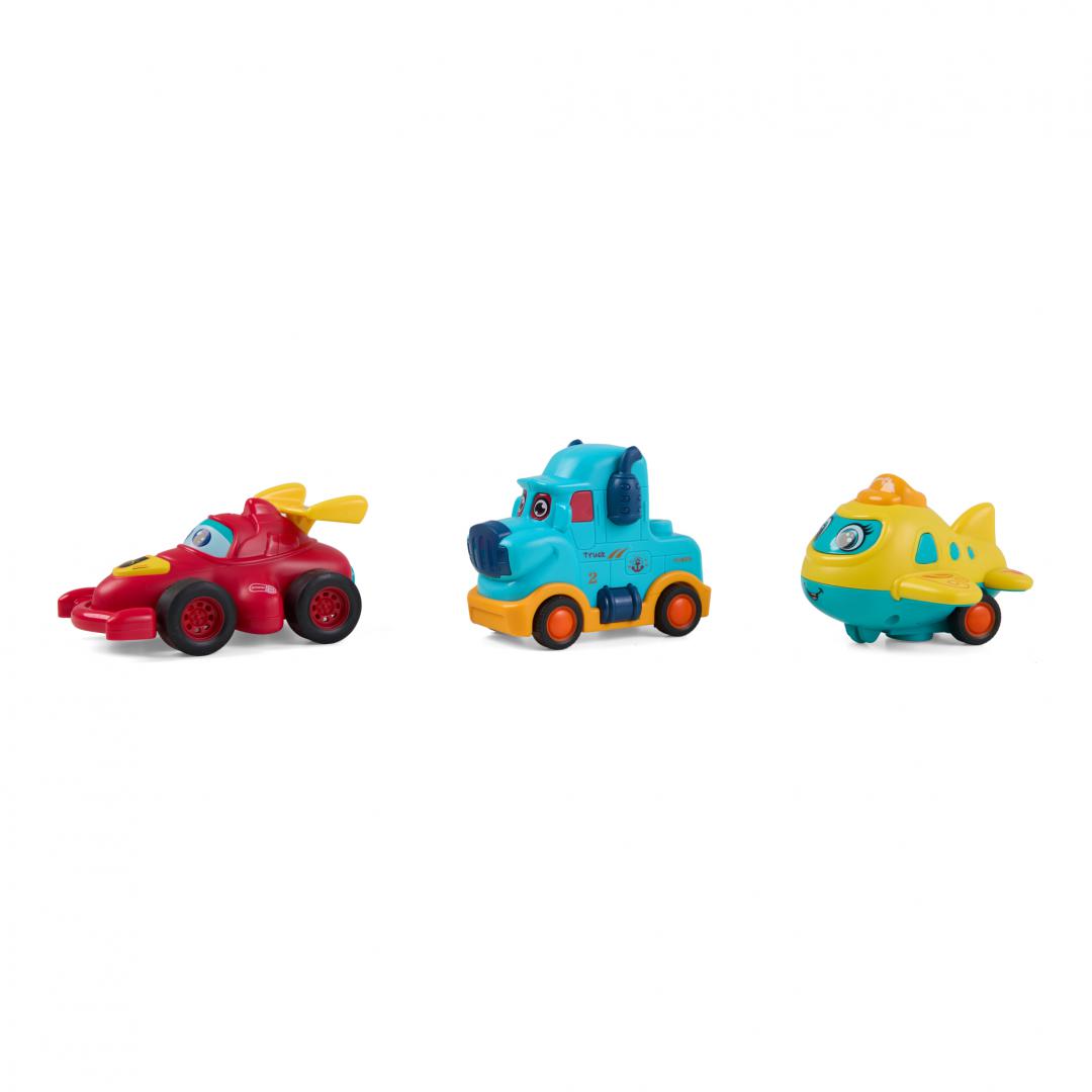 SET 3 VEHICULE ACTIONATE PRIN INERTIE- CAMION ALBASTRU, MASINA DE CURSE ROSIE, AVION GALBEN,MOMKI