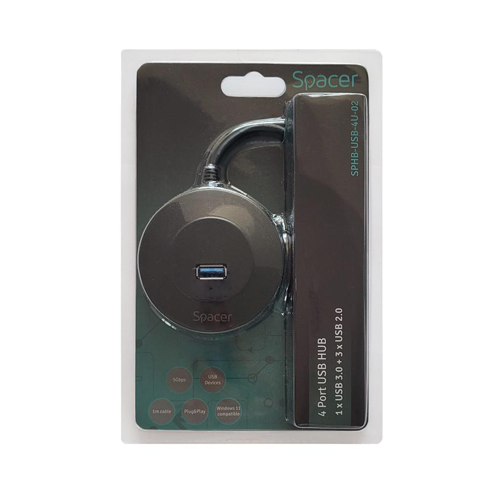 HUB extern SPACER, porturi USB:USB 3.0 X 1, USB 2.0 x 3, conectare prin USB 3.0, cablu 1m,Plastic ABS, Negru