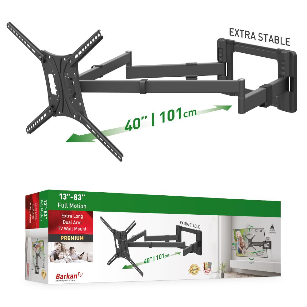 Suport TV plat/curbat de perete cu 2 brate Barkan BM464XL, 13"- 83", Max 50kg, VESA 600x400, negru