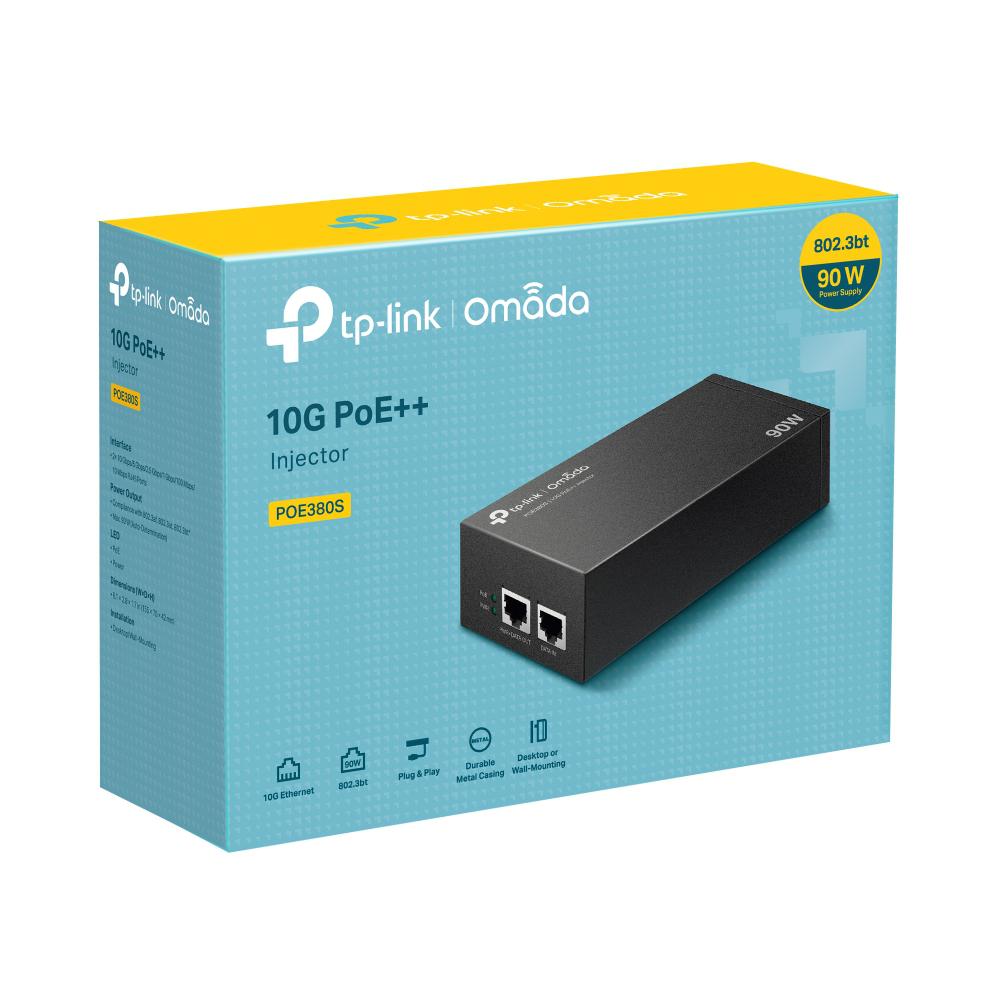 "Omada 10G PoE++ Injector Adapter PORT: 1× 10Gbps PoE Port, 1× 10Gbps Non-PoE Port SPEC: 802.3bt/at/af Compliant, 90 W PoE Power, Data and Power Carried over the same cable, Steel Case"