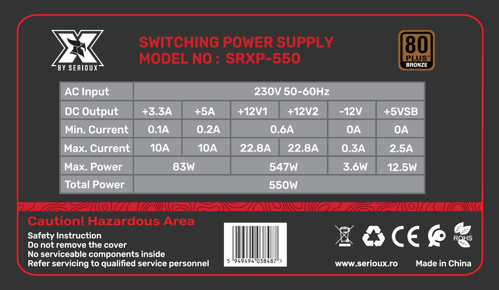 Sursa Serioux Energy 550W, Ventilator 12cm, ATX, material metal, cabluri: 20+4-pin, 1x4+4-pin, 2x6+2-pin, negru