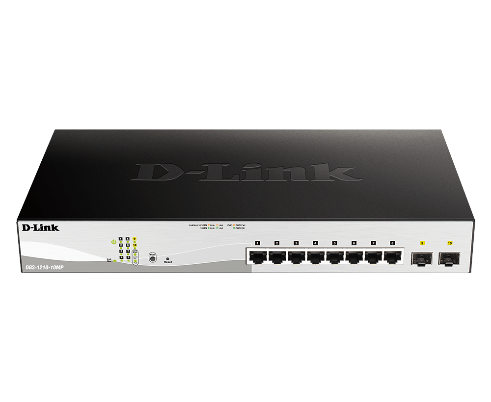 D-Link Switch 10 porturi POE smart maaged DGS-1210-10MP, Interfata: 8 x 10/100/1000Mbps, 2 x100/1000 SFP, Capacitate switch: 20 Gbps, Memorie: 128Mb DDR3, Flash 32Mb, Auto MDI/MDIX, Buget POE: 130W, Dimensiuni: 330 x 180 x 44 mm, Greutate: 1.77kg.