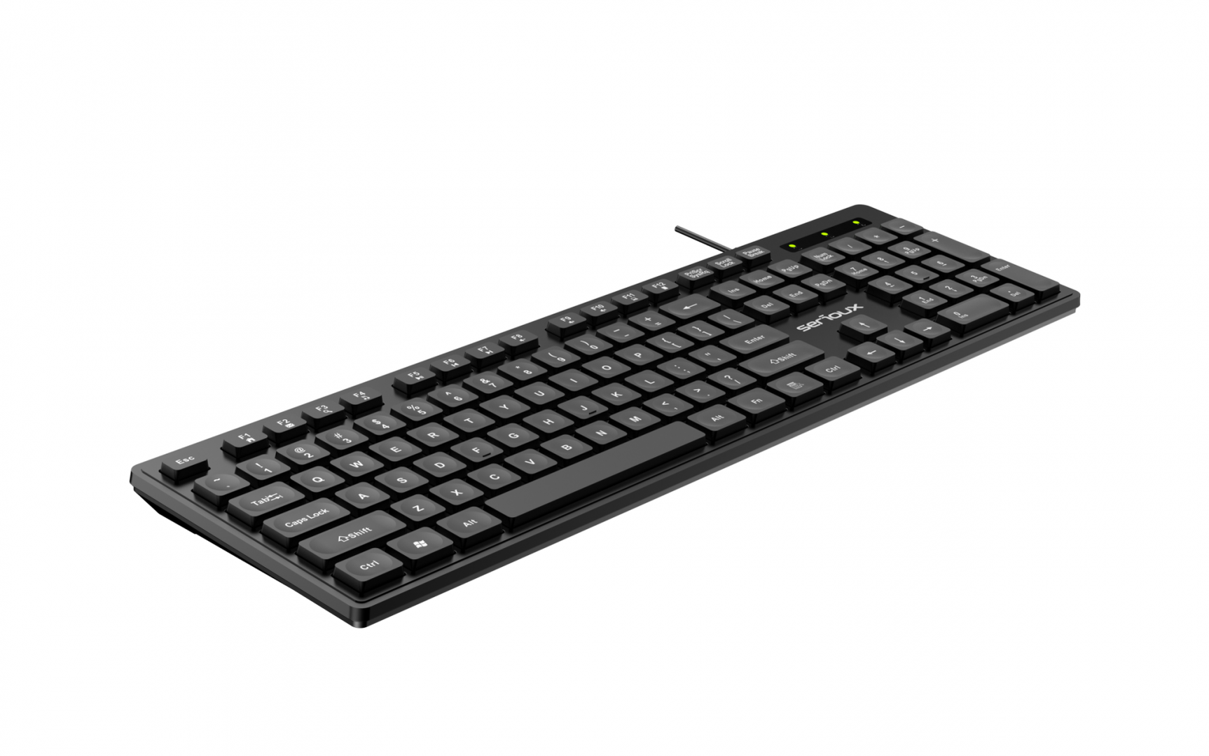 Tastatura Serioux cu fir, interfata USB, 104 taste, material ABS, US Layout, lungime cablu 1.5m PVC, dimensiuni 429*128*20mm; 416g, negru