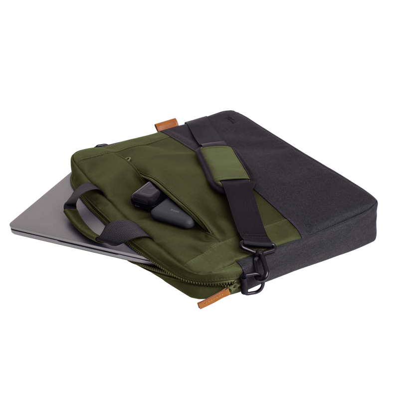 Geanta laptop Trust Lisboa, pentru laptopuri cu diagonala pana in 15.6", 2 compartimente, material POM, RPET Polyester, RPET, volum 2.1 L, verde