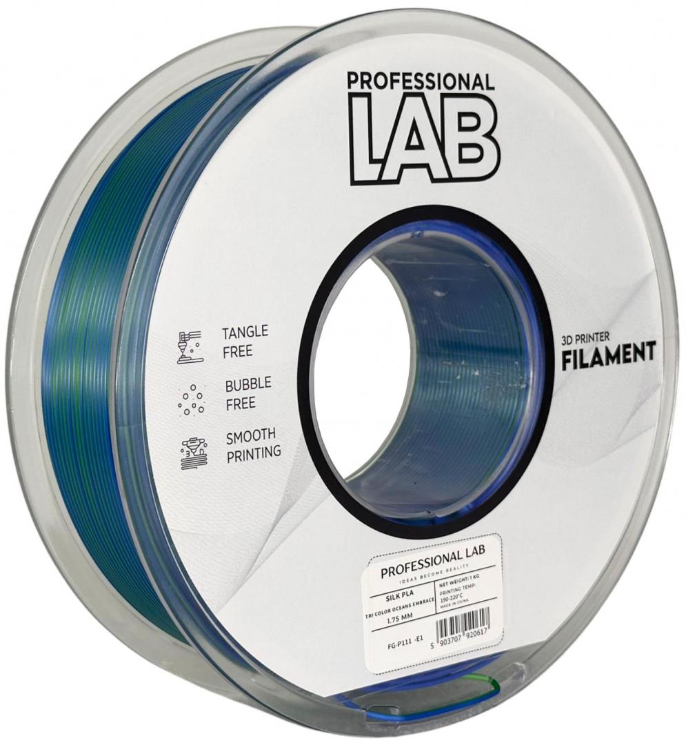Silk PLA Tri Color Oceans Embrace | Prof. Lab, Diametru: 1.75mm, Greutate: 1kg, Temperatura duza: 200C – 230C, Temperatura platforma: 40C – 60C.
