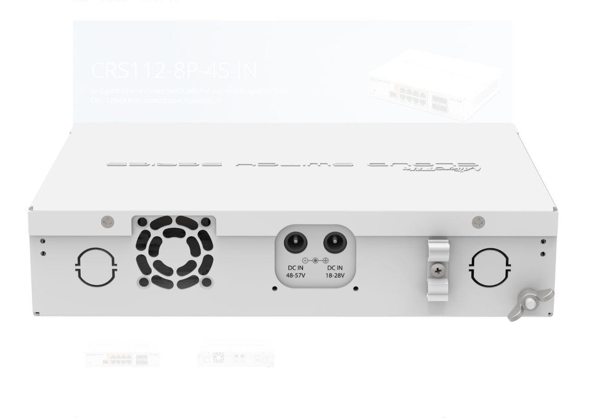 MikroTik Cloud Router Switch 112-8P-4S-IN with QCA8511 400Mhz CPU, 128MBRAM, 8xGigabit LAN with PoE-out, 4xSFP, RouterOS L5, desktop case, PSU