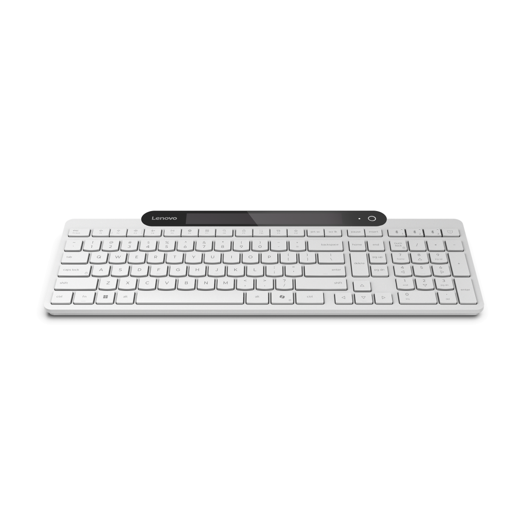 Tastatura Lenovo 800 Self-Charging Bluetooth; reincarcabila cu ajutorul luminii ambientale, fara spatiu destinat bateriilor clasice; layout: US; conectivitate: BT 5.1, se poate conecta la 3 dispozitive; greutate: 635g; compatibil cu Windows 10, Windows 11; culoare: alb