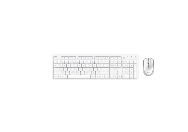 Kit Trust Ody II wireless, cu taste silentioase, cu functie de power saving, rezistenta la stropire, conectare tip USB-A 2.0, include 2 baterii, compatibila PC/Laptop (Windows, MacOS, Chrome OS), rezolutie mouse 1600 DPI, optic, alb