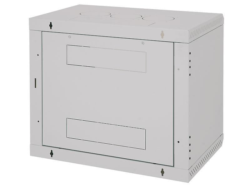 Rack de perete Triton sectiune simpla 12U 600mm adancime usa sticla panouri laterale fixe, sectiuni acces cabluri sus/jos/spate securizare cu cheie, 1 pereche montanti reglabili IP30 gri
