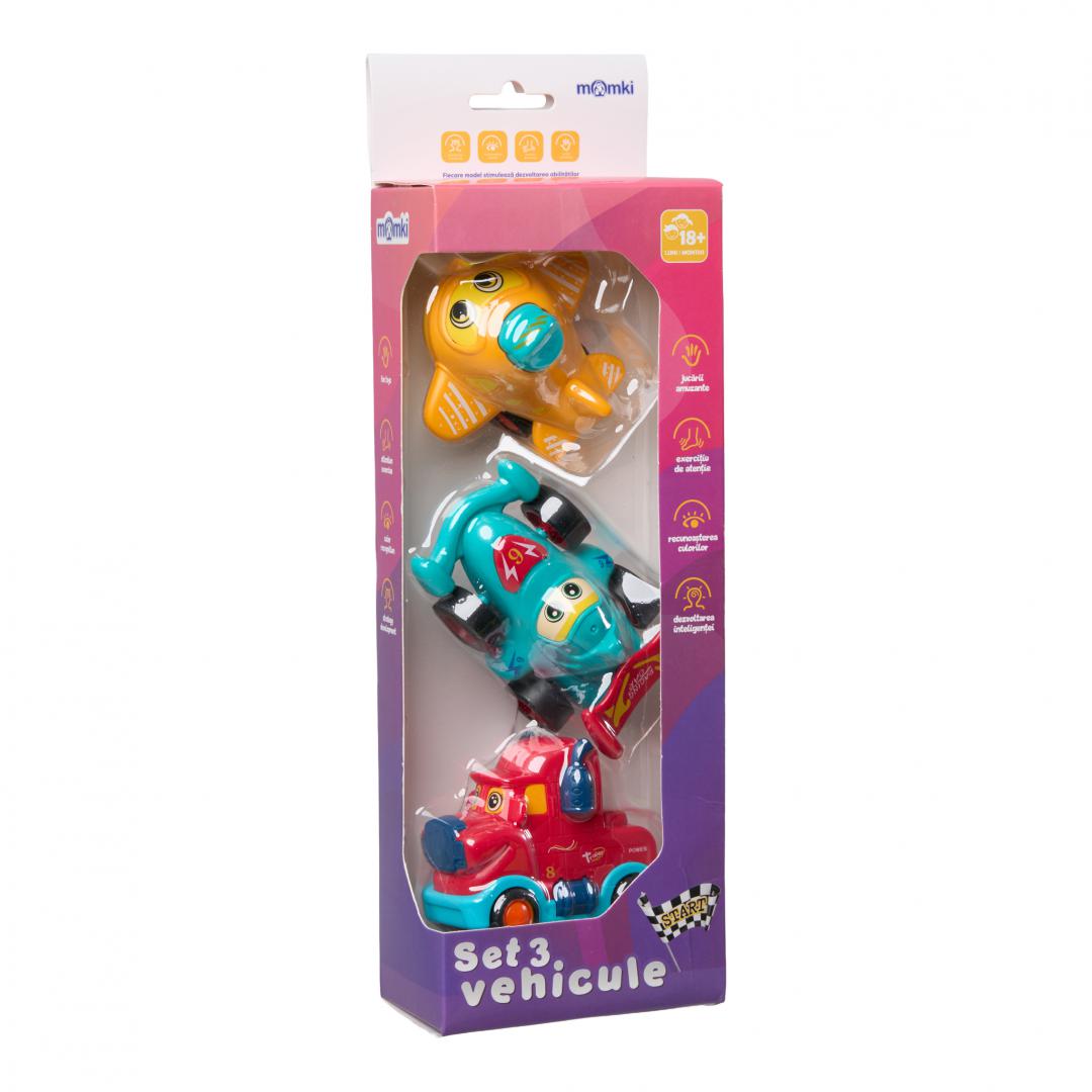 SET 3 VEHICULE ACTIONATE PRIN INERTIE- CAMION ROSU, MASINA DE CURSE ALBASTRA, AVION GALBEN,MOMKI