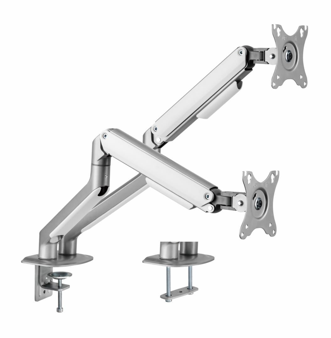 Suport 2 monitoare Serioux MM63-C024, arc cu gaz, compatibilitate dimensiune ecran 17"-32", greutate maximă suportata: (per ecran): 2~ 9kg, VESA: 75x75, 100x100, inclinare: +55°~-55°, pivotare: +90°~-90°, rotația ecranului: +180°~-180°