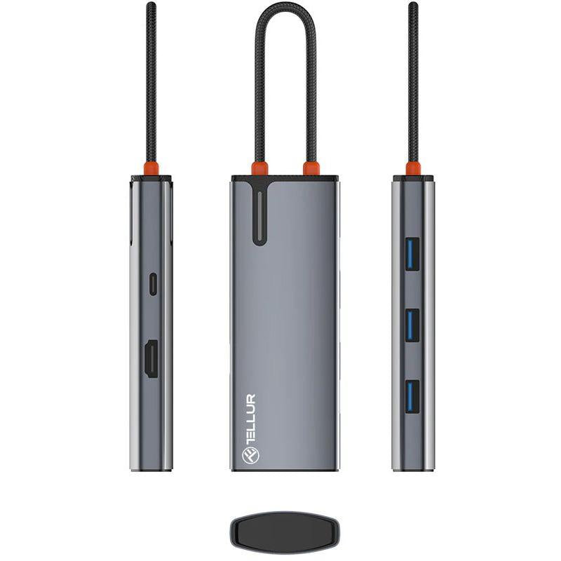 Hub USBC 3.0 Tellur, porturi 1 x HDMI, 3 x USB 3.0, 1 x USB-C, dimensiuni 42 x 112.5 x 16.5 mm, gri