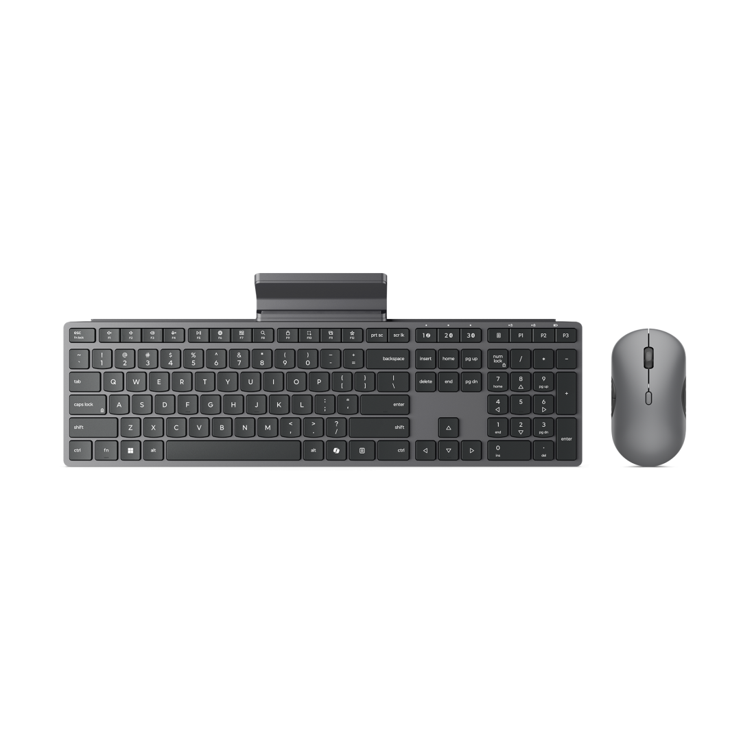 Kit wireless mouse & tastatura Lenovo 700 Modern Multi-Device Wireless Combo cu stand pentru teleofon; Mouse: pana la 4000DPI cu senzor: IR; numar de butoane: 8; conectivitate: receptor USB-A 2.4G si Bluetooth 5.4; layout tastatura: US; compatibil cu Windows 10, Windows 11; culoare: gri inchis (Luna