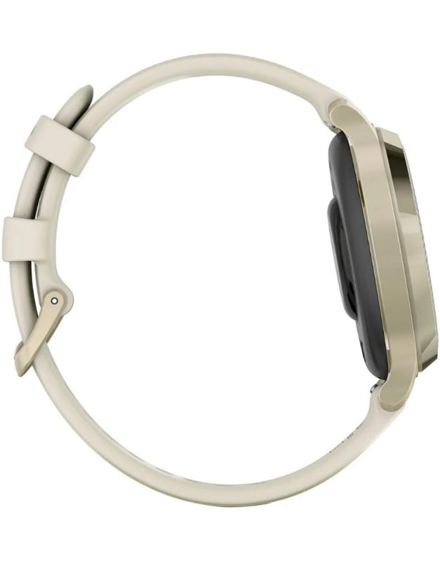 Ceas Garmin Lily 2 Active, display AMOLED, dimensiune afisaj 25,4 mm x 21,3 mm, rezolutie afisaj 240 x 201 pixeli, memorie 8GB, autonomie pana la 9 zile, rezistanta la apa pana la 5 ATM, greutate: 24,4g, ramă MLunar Glod şi curea Bone din silicon