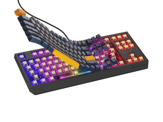 Tastatura gaming mecanica cu fir Genesis Thor 230 TKL, iluminare RGB, switch Linear, switch model Outemu Panda, numar taste 87, 11 butoane multimedia, lungime cablu 1.6m, dimensiuni 363 x 155 x 39 mm, naval blue