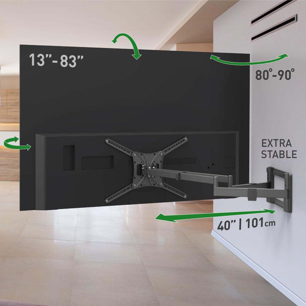 Suport TV plat/curbat de perete cu 2 brate Barkan BM464XL, 13"- 83", Max 50kg, VESA 600x400, negru