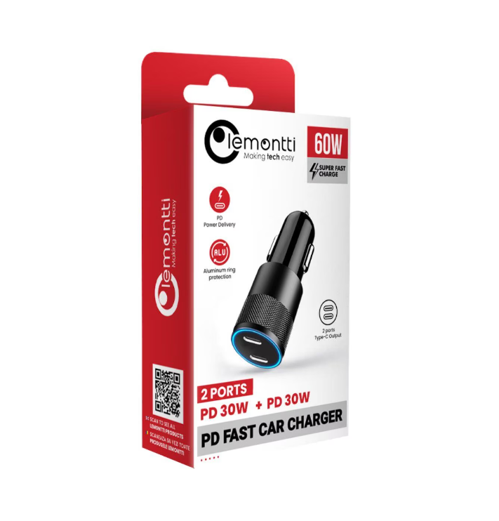 Incarcator auto Lemontti fast Charge Type-C PD,60W, USB-C 30W, USB-C 30W, incarcare rapida pe ambele porturi, intrare: DC 12V-24V, iesire: C1 5V/3A, 9V/3A, 12V/2.5A, iesire: C2 5V/3A, 9V/3A, 12V/2.5ANegru