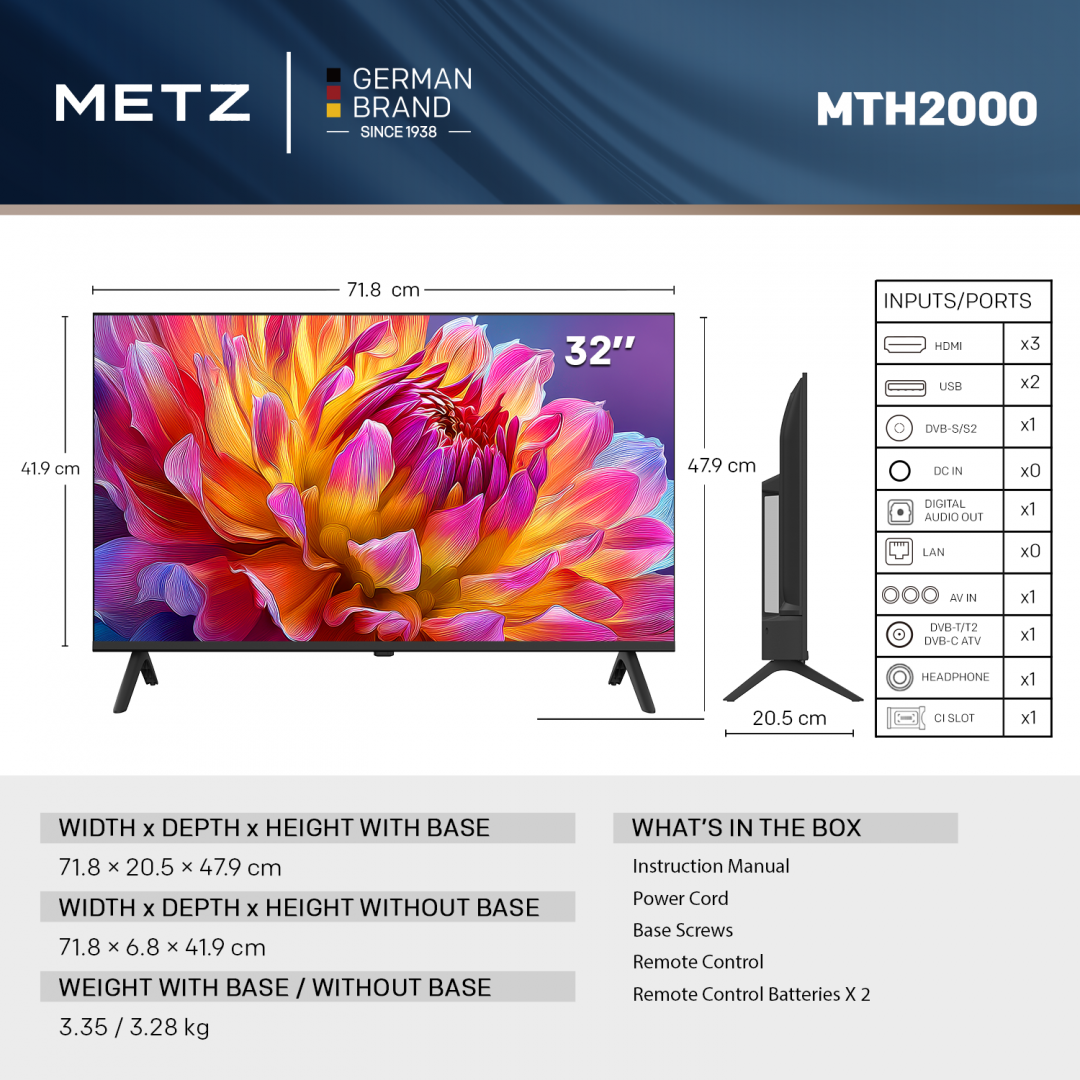 Televizor METZ LED 32MTH2000Z, 80 cm, HD, Clasa E (Model 2026)