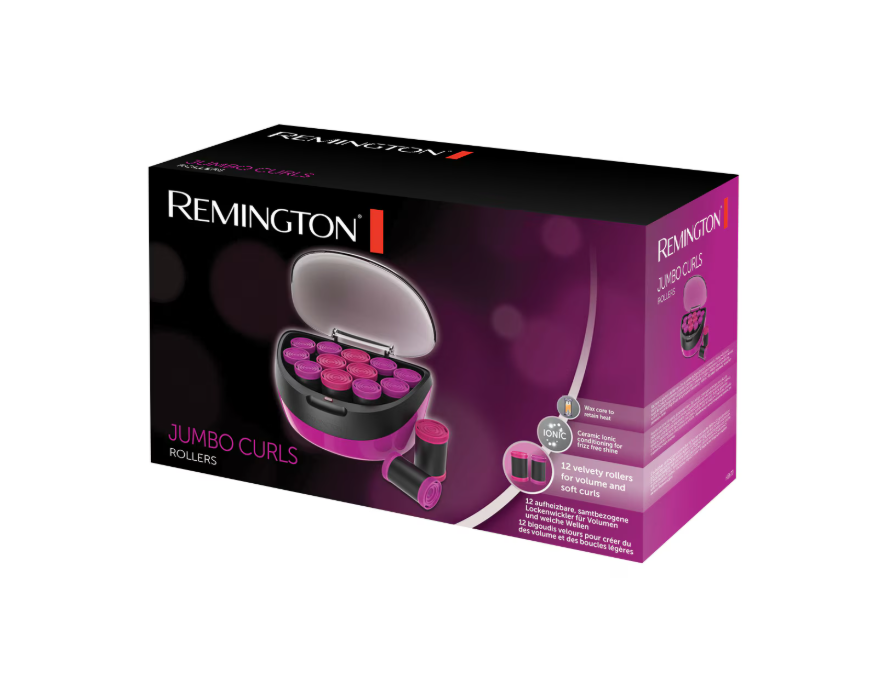 Trusa de bigudiuri electrice Remington Jumbo Curls H5670, 12 bigudiuri, 2 dimensiuni extra mari, Invelis catifea, Ionizare, Nucleu ceara, Mov
