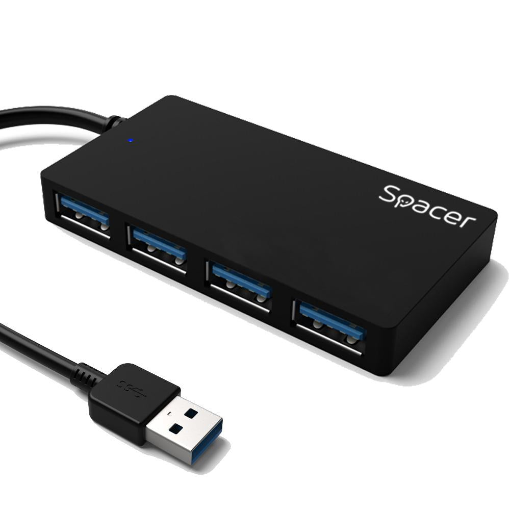 Hub extern Spacer, porturi USB: USB 3.0 x 4, conectare prin USB 3.0, lungime cablu 15cm, negru