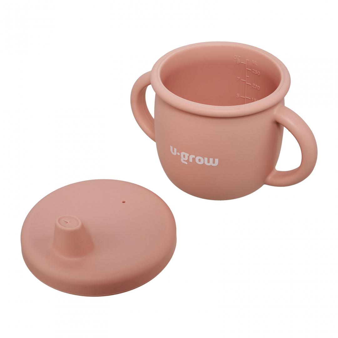 Set diversificare 3 piese silicon : bol , farfurie si cana cu cioc, roz, U-Grow