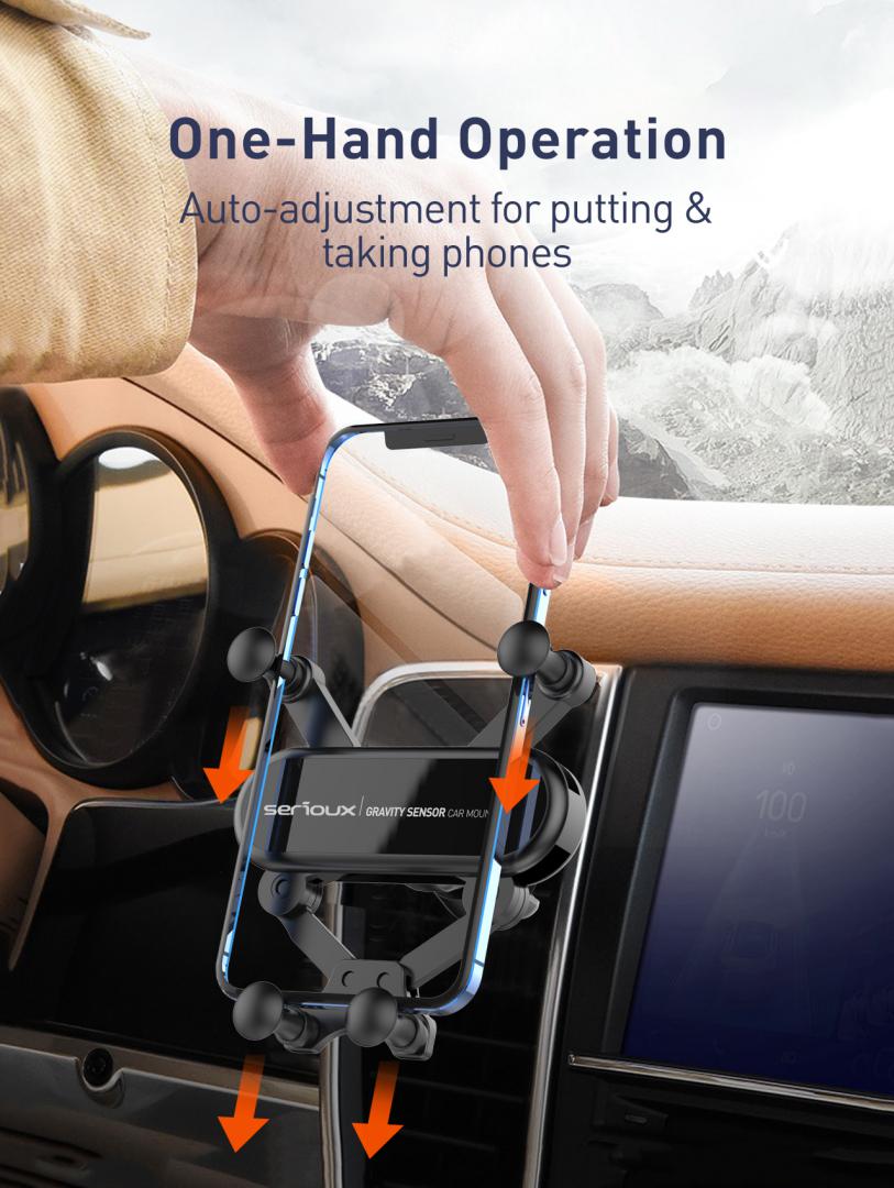 Suport auto telefon Gravity Serioux CH04, Material: ABS, Mod de instalare: tip cataramă, poziție fixă: aerisire, culoare: negru, potrivit pentru: telefon mobil