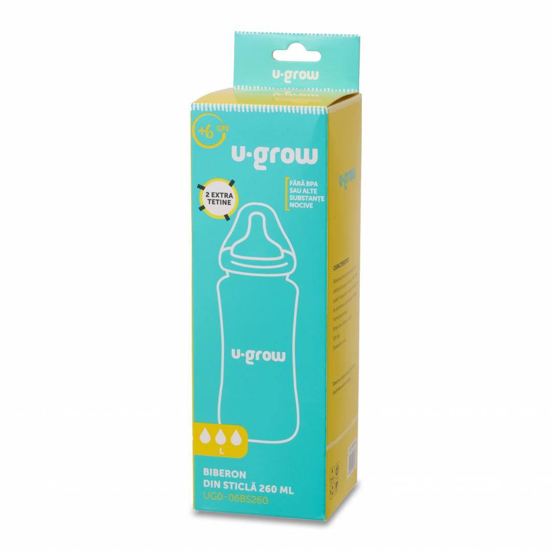 Biberon de sticla 260 ml+2 tetine extra, U-Grow