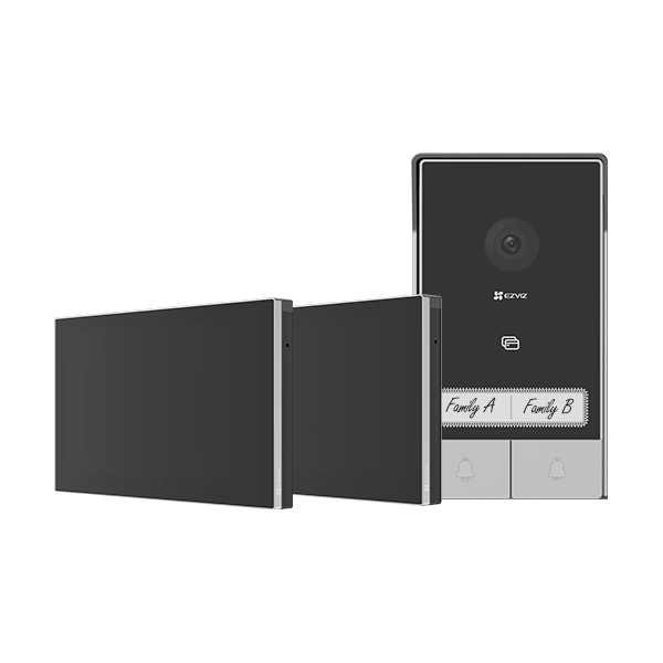 KIT VIDEINTERFON EZVIZ HP7 2-ENTRY, Senzor imagine: 1/2.7" Progressive Scan CMOS, Rezolutie 2K (2048x1296), Lentila: 2.0 mm @ F2.2, view angle: 162° (Diagonal) IR 6M, Compresie: H.265 / H.264 Ecran interior: 7 "touch screen, 1024x600 Conexiune: 2xFire ( Maxim 4 fire ), Conectivitate: IEEE802.11b