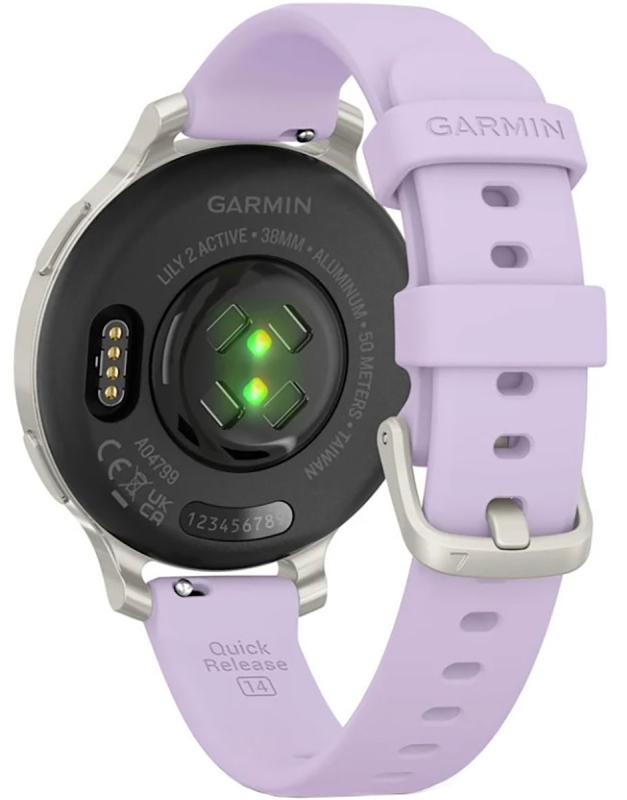 Ceas Garmin Lily 2 Active, display AMOLED, dimensiune afisaj 25,4 mm x 21,3 mm, rezolutie afisaj 240 x 201 pixeli, memorie 8GB, autonomie pana la 9 zile, rezistanta la apa pana la 5 ATM, greutate: 24,4g, ramă Argintiu, şi curea Purple Jasmine din silicon