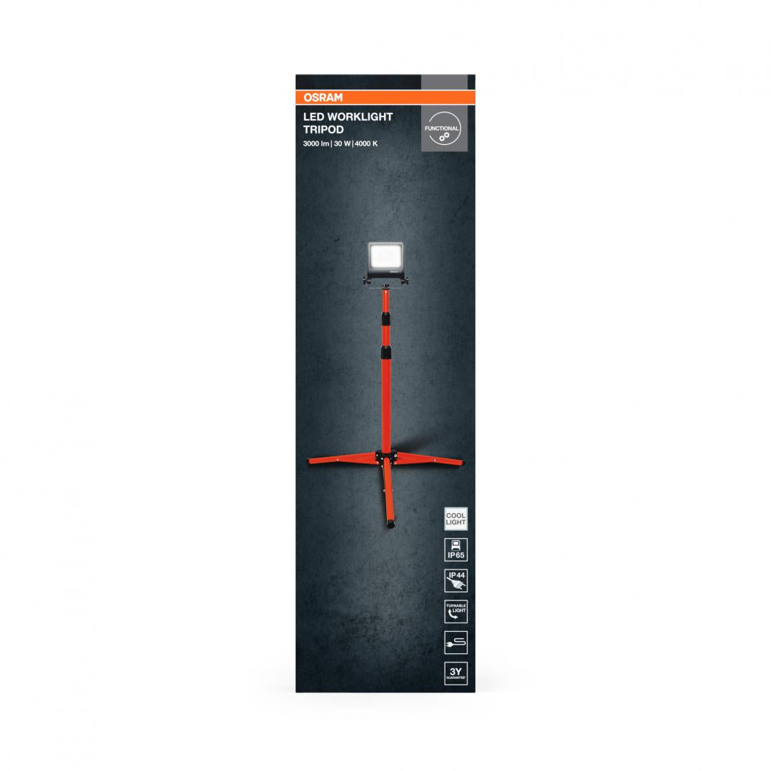 Proiector LED (lampa de lucru) cu stativ OSRAM Worklight Tripod, 30W,220-240V, 2700 lm, lumina neutra(4000K), IP65/IK06/IP44, inaltime ajustabila 1.8m, Aluminiu