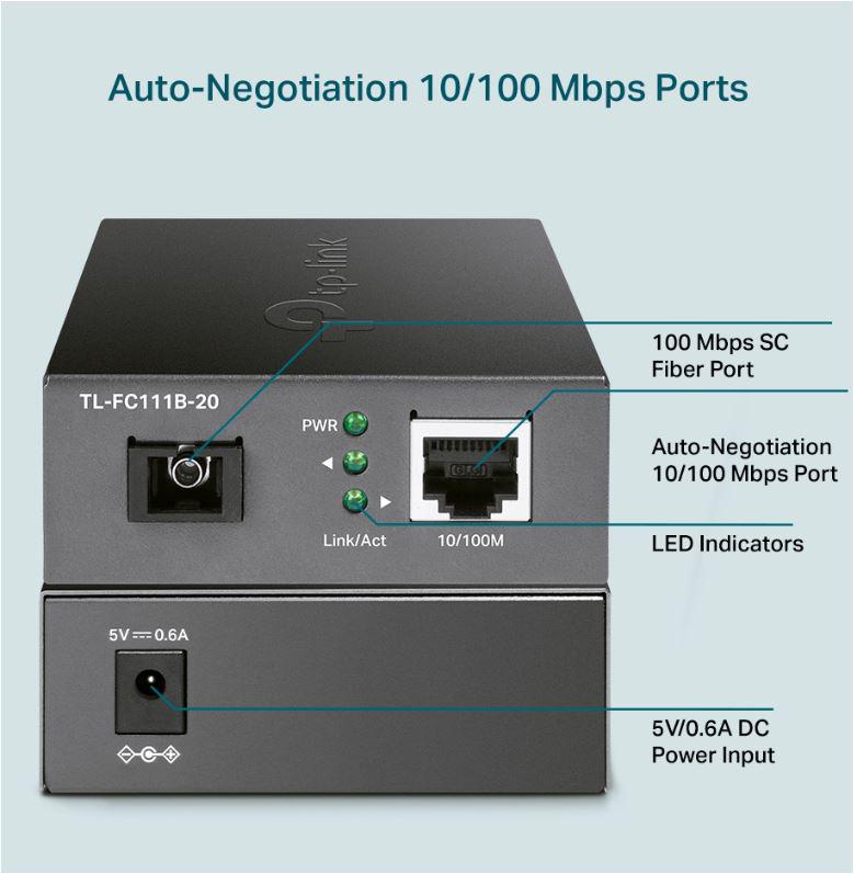 "10/100 Mbps RJ45 to 100 Mbps Single-mode SC WDM Bi-Directional Fiber Converter PORT: 1× 100Mbps SC Port, 1× 10/100M RJ45 Port (Auto MDI/MDIX) SPEC: Full-duplex, Tx:1310 nm, Rx:1550 nm, Up to 20 km, Chassis TL-FC1420 Rack-mountable"
