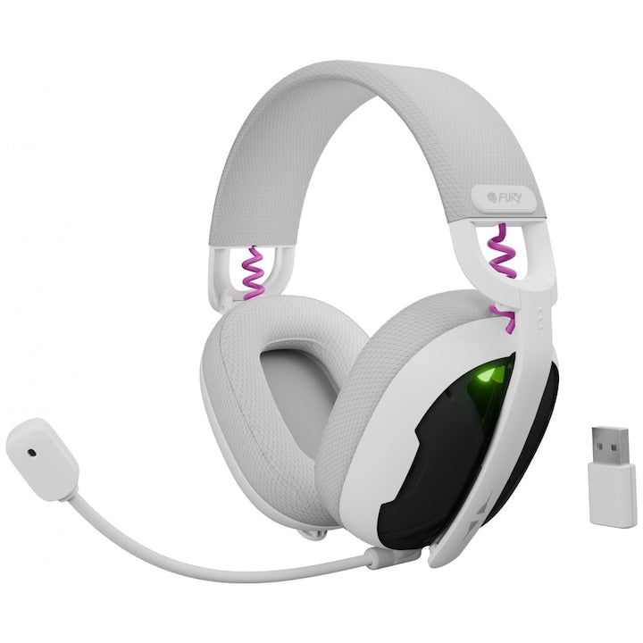 Casti wireless Fury Fukiya F6, interfata USB-C, sunet stereo, frecventa raspusn 20 - 20000 Hz, timp de utilizare 40 h, iluminare, alb