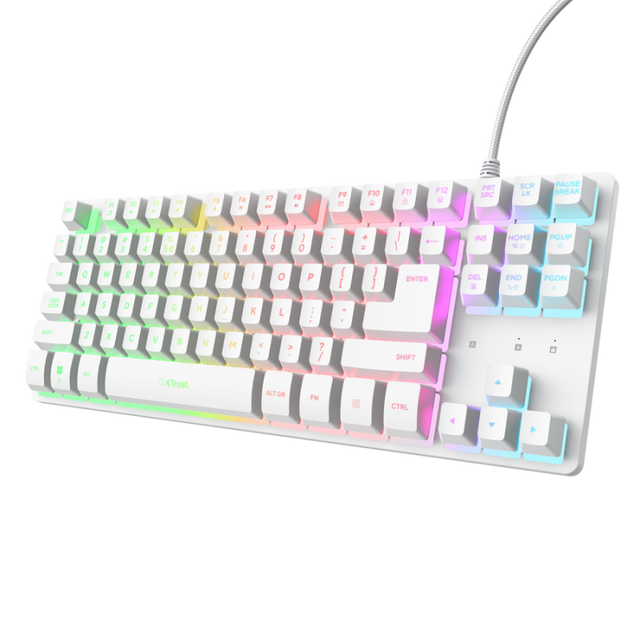 Tastatura Trust cu fir GXT833W Thado TKL, numar butoane 87, interfata USB 2.0, conector USB-A male, compatibila cu PS4, Xbox One, Nintendo Switch, PS5, alb