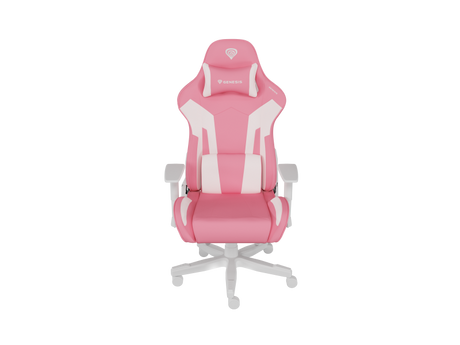 Scaun gaming Genesis Nitro 710, material piele ecologica, reglabil pe inaltime, greutate maxima suportata 150 kg, inaltime scaun reglabil 47.5 - 54.5 cm, spatar ajustabil 135°, dimensiuni roti 60mm,  echipat cu piston cu gaz clasa 4, manere 2D, roz/alb