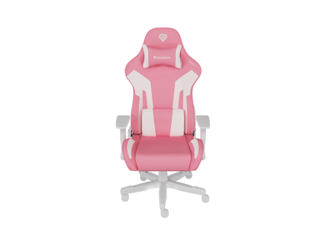 Scaun gaming Genesis Nitro 710, material piele ecologica, reglabil pe inaltime, greutate maxima suportata 150 kg, inaltime scaun reglabil 47.5 - 54.5 cm, spatar ajustabil 135°, dimensiuni roti 60mm,  echipat cu piston cu gaz clasa 4, manere 2D, roz/alb