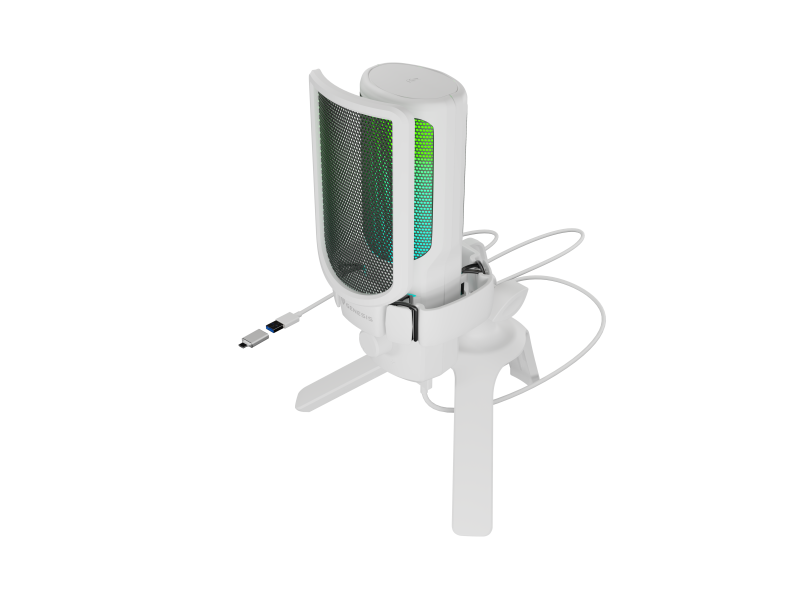 Microfon Genesis Radium 250, tip Condenser, model cardioid, suport fix, conectivitate USB-C, raspuns in frecventa 50 - 16.000 Hz, sensibilitate 40 dB, lungime cablu 200 cm, alb
