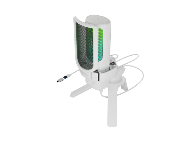 Microfon Genesis Radium 250, tip Condenser, model cardioid, suport fix, conectivitate USB-C, raspuns in frecventa 50 - 16.000 Hz, sensibilitate 40 dB, lungime cablu 200 cm, alb