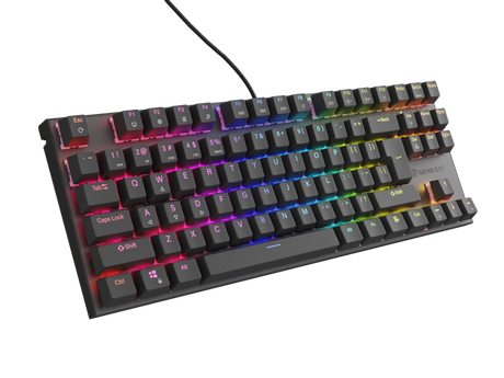 Tastatura gaming mecanica cu fir Genesis Thor 303 TKL, iluminare RGB, switch Linear, switch model Outemu Peach Silent, numar taste 87, 11 butoane multimedia, lungime cablu 1.8m, dimensiuni 355 x 136 x 36 mm, negru