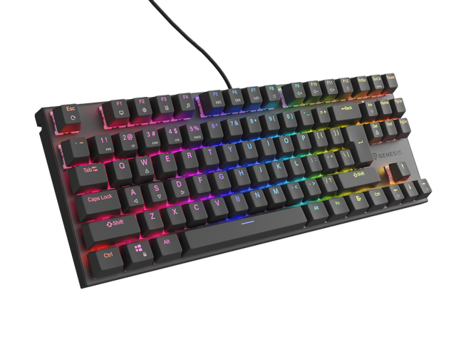 Tastatura gaming mecanica cu fir Genesis Thor 303 TKL, iluminare RGB, switch Linear, switch model Outemu Peach Silent, numar taste 87, 11 butoane multimedia, lungime cablu 1.8m, dimensiuni 355 x 136 x 36 mm, negru